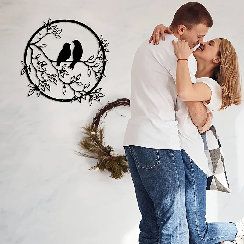 Love Birds On A Branch Metal Wall Art 3D Sculptured Iron Craft Bird Silhouette Wall Decor For Living Room Dining Room Garden Creative Nordic Home Decor