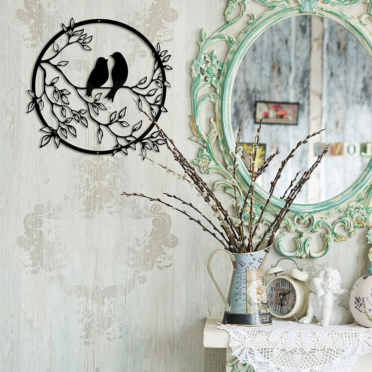 Love Birds On A Branch Metal Wall Art 3D Sculptured Iron Craft Bird Silhouette Wall Decor For Living Room Dining Room Garden Creative Nordic Home Decor