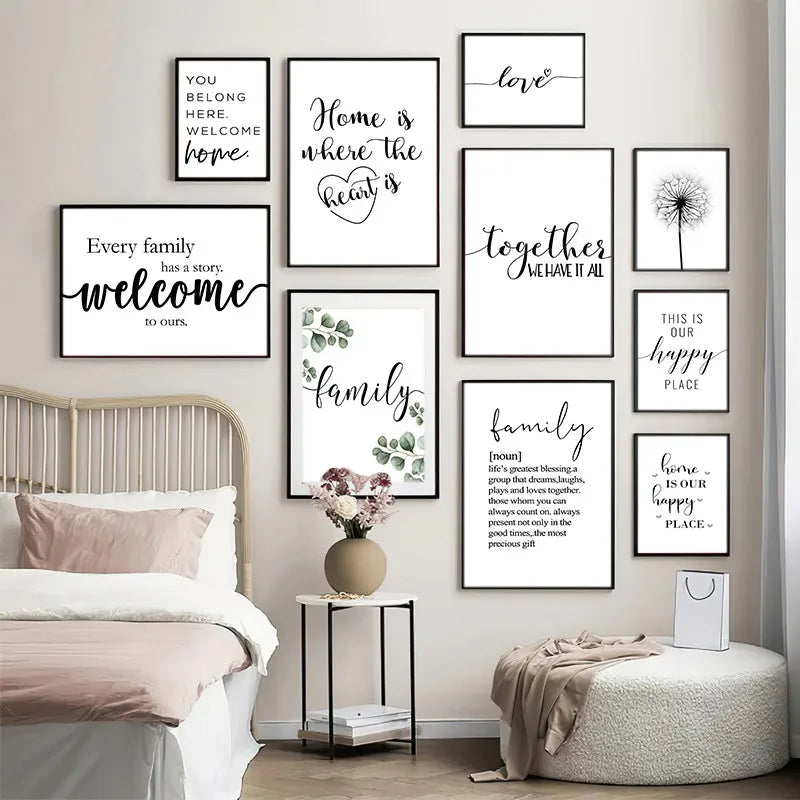 Love Family Home Happy Quotes Posters Canvas Prints Wall Art Black White Minimalist Quotation Pictures For Kitchen Living Room Family Room Home Decor
