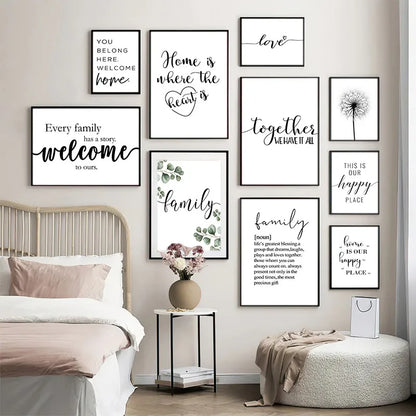 Love Family Home Happy Quotes Posters Canvas Prints Wall Art Black White Minimalist Quotation Pictures For Kitchen Living Room Family Room Home Decor