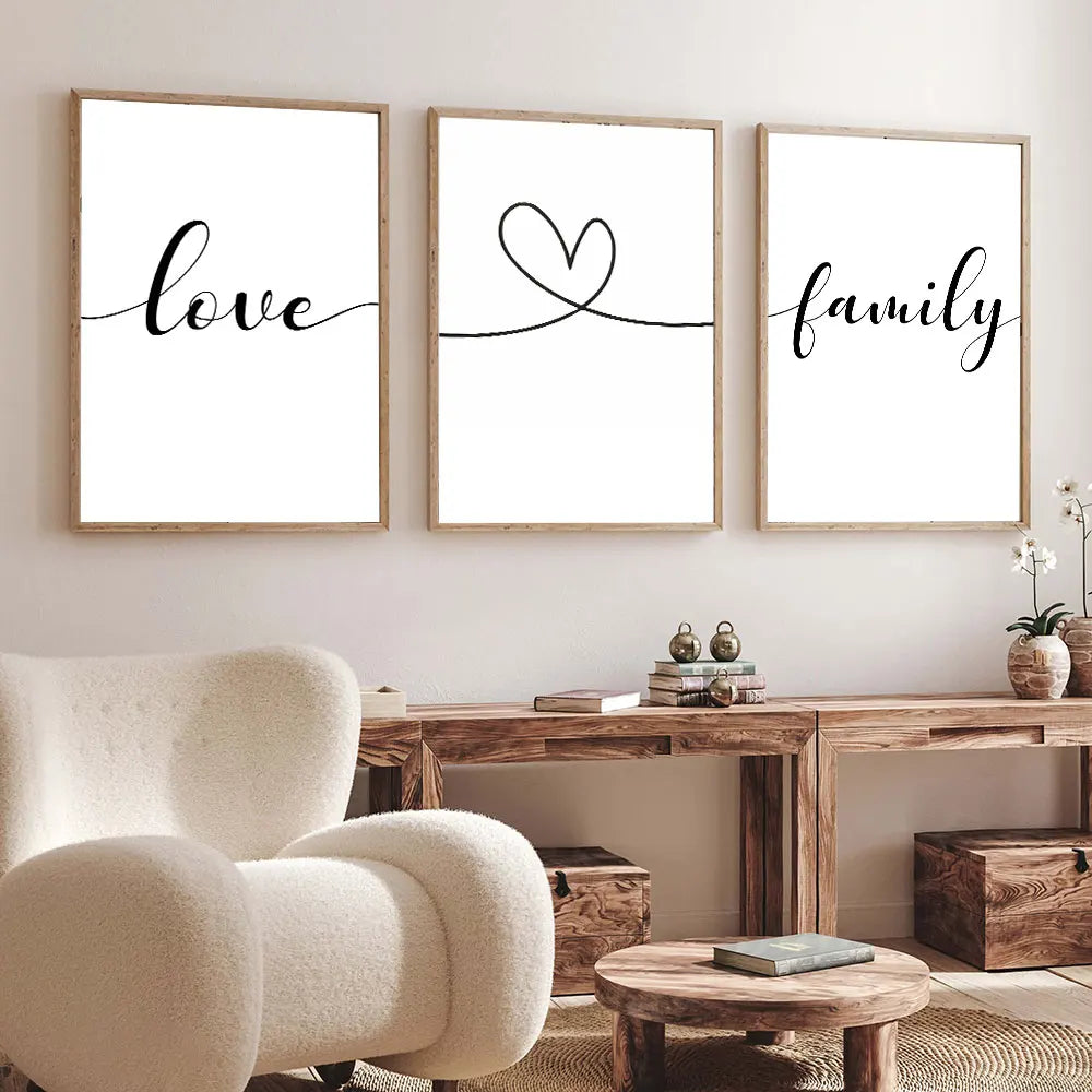 Love Family Word Art Wall Art Fine Art Canvas Prints Minimalist Black White Posters Pictures For Living Room Dining Room Kitchen Art Decor
