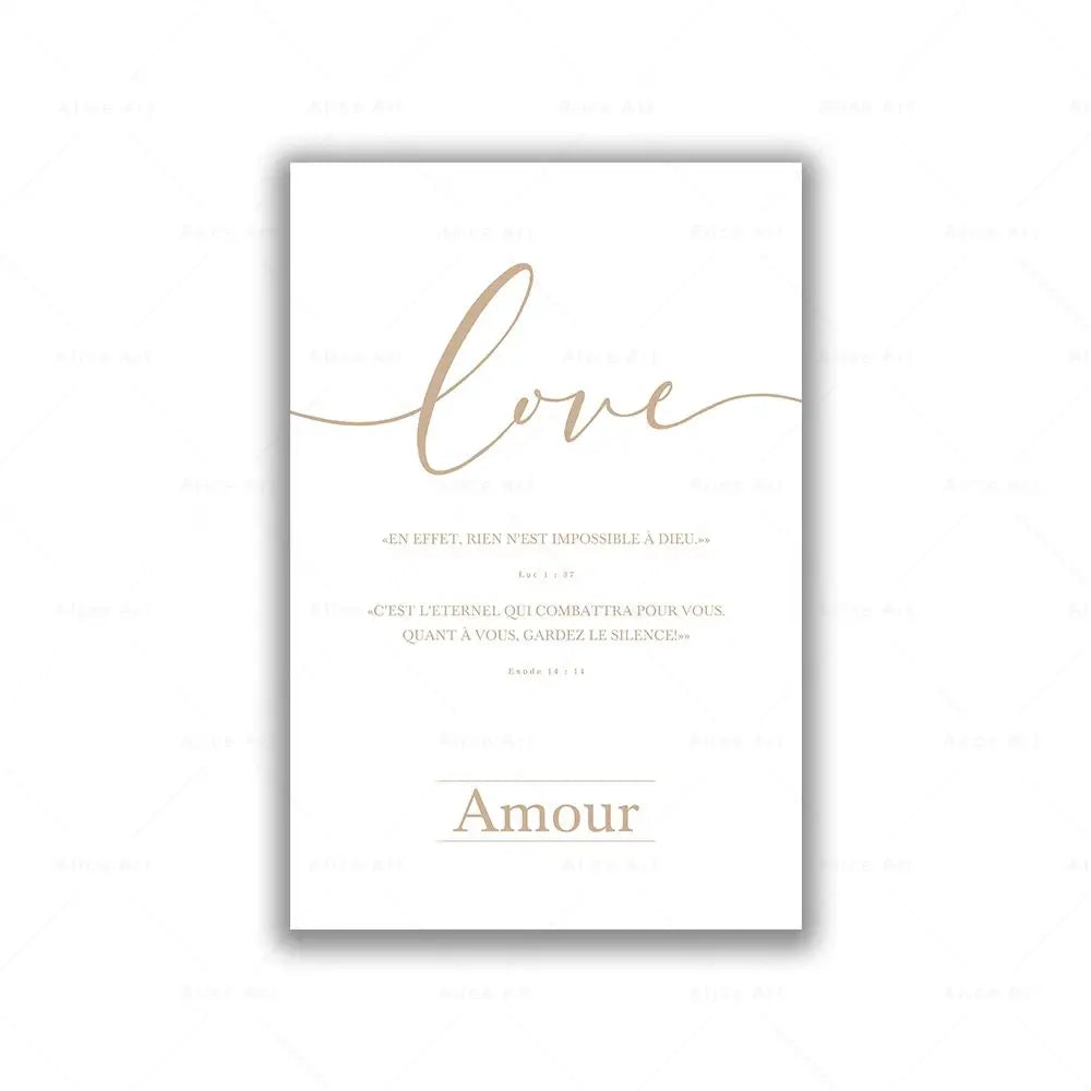 Poster with gold text 'love' and 'Amour' on a white background