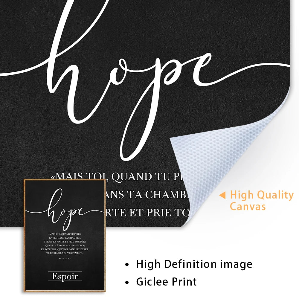 Canvas print with 'hope' in cursive script on a black background, featuring a high-quality canvas texture.