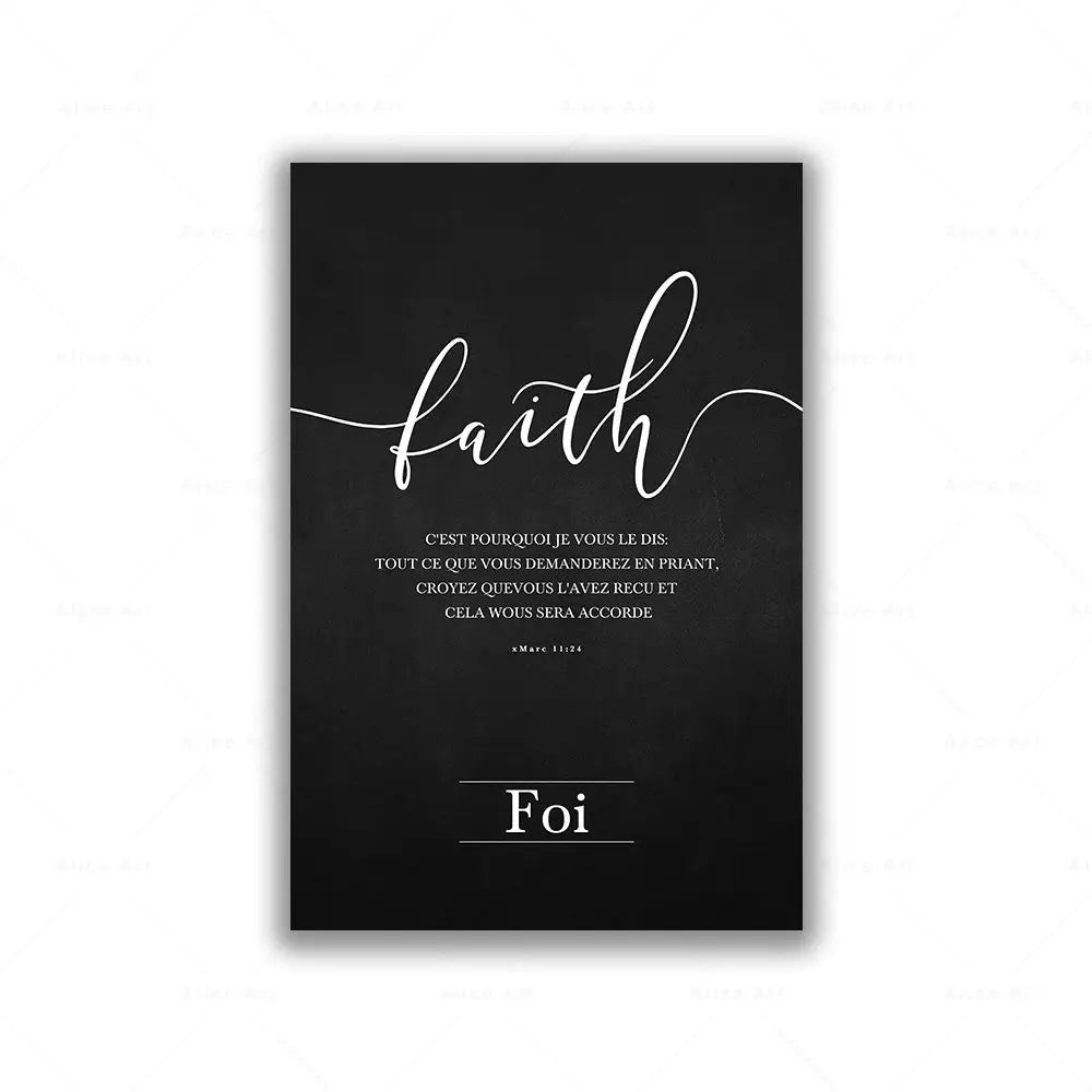 Black poster with white text 'Faith' and French quote on a white background