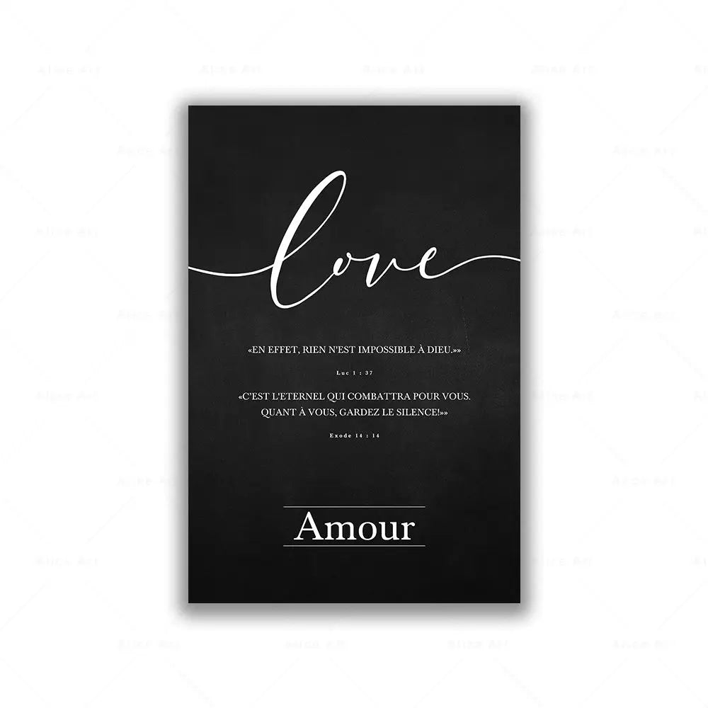 Black poster with white text 'love' and 'Amour' on a white background