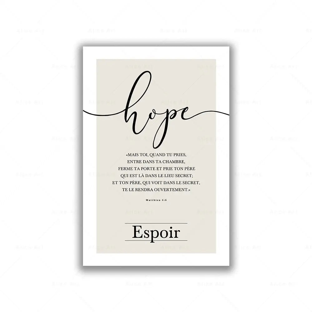 Framed artwork with the word 'hope' and French text on a beige background