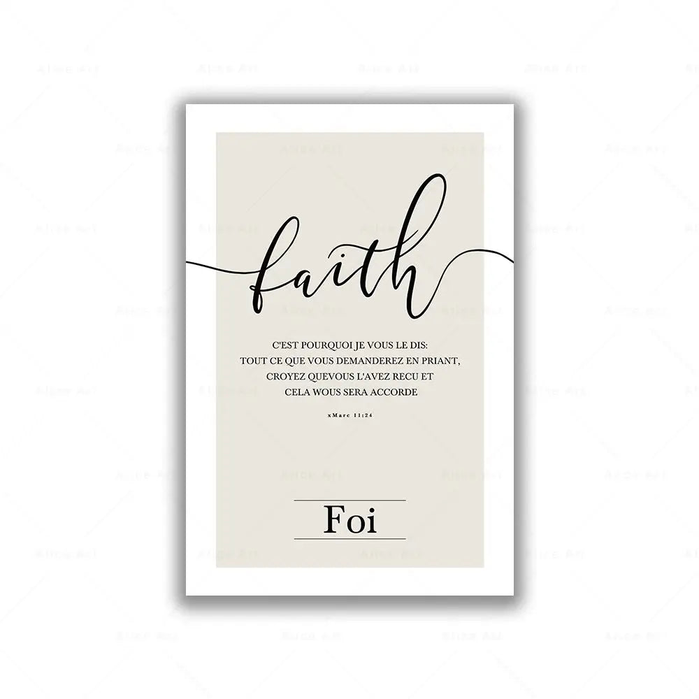 Poster with the word 'faith' and French text on a beige background
