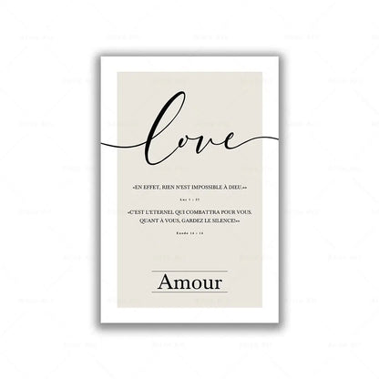 Framed artwork with the word 'love' and French text on a beige background