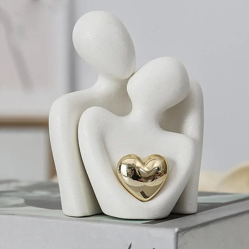 Lovers Sculpture Minimalist Nordic Abstract Ceramic Figurine Art with Golden Heart Accent