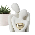 Lovers Sculpture Minimalist Nordic Abstract Ceramic Figurine Art with Golden Heart Accent