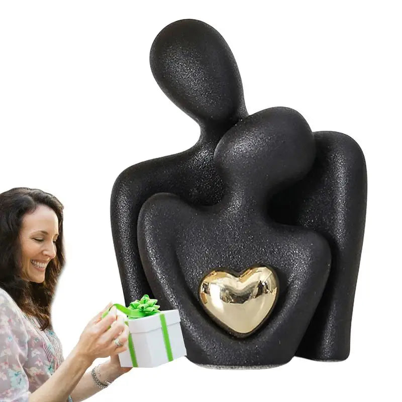 Lovers Sculpture Minimalist Nordic Abstract Ceramic Figurine Art with Golden Heart Accent