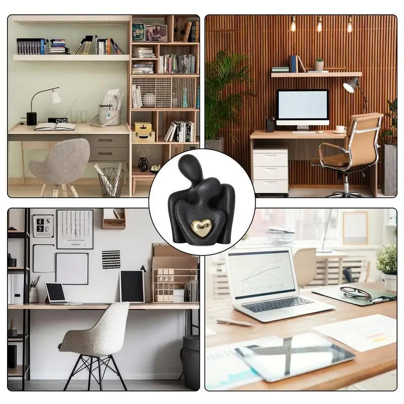 Lovers Sculpture Minimalist Nordic Abstract Ceramic Figurine Art with Golden Heart Accent