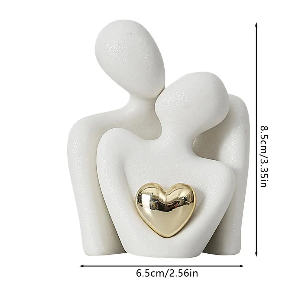 Lovers Sculpture Minimalist Nordic Abstract Ceramic Figurine Art with Golden Heart Accent