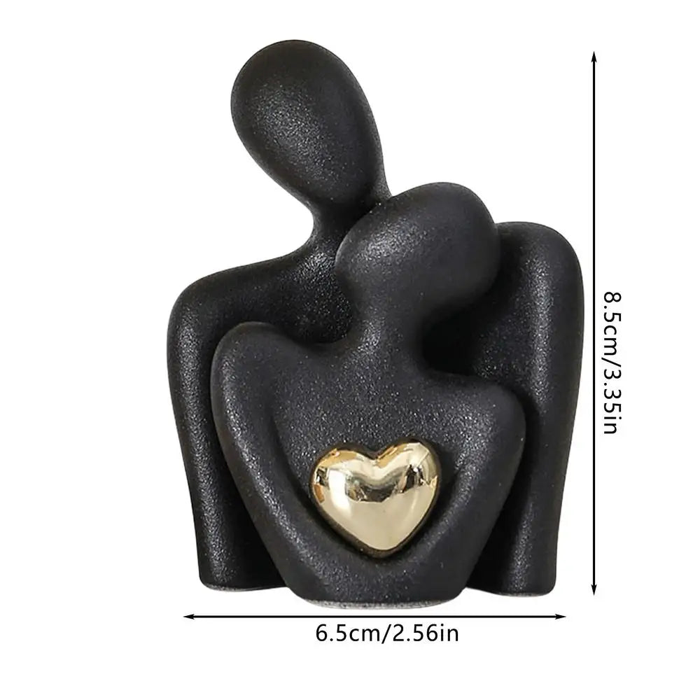 Lovers Sculpture Minimalist Nordic Abstract Ceramic Figurine Art with Golden Heart Accent