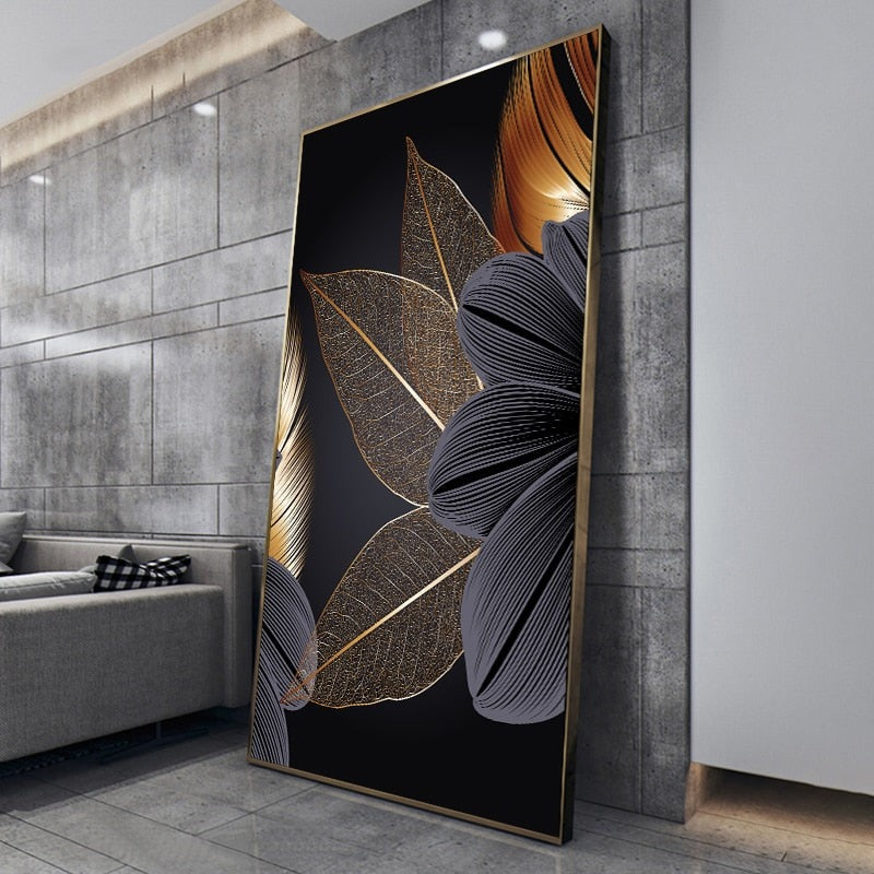 Luxury Black Golden Leaf Wall Art Fine Art Canvas Prints Modern Abstract Tropical Botanical Upscale Pictures For Living Room Loft Apartment Home Office Decor