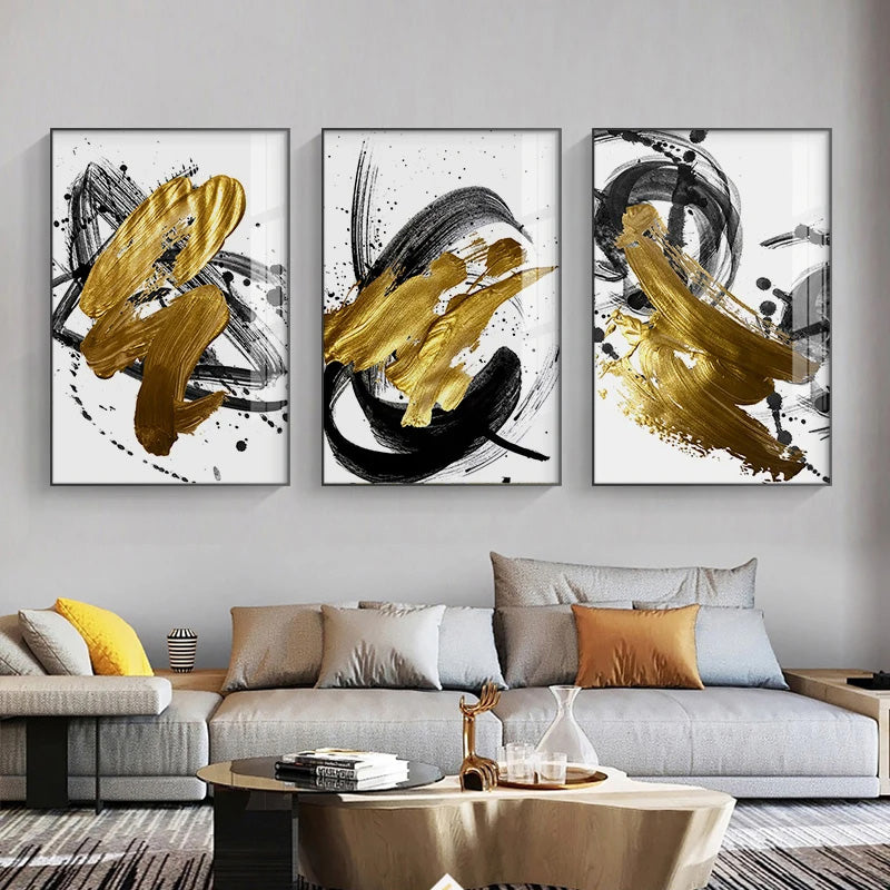 Abstract Minimalist Black Golden Thick Brush Wall Art Fine Art Canvas Prints Pictures For Modern Apartment Living Room Home Office Decor