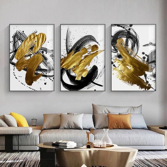 Abstract Minimalist Black Golden Thick Brush Wall Art Fine Art Canvas Prints Pictures For Modern Apartment Living Room Home Office Decor
