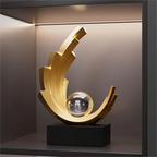 Luxury Golden Wave Metal Art Sculpture with Crystal Ball – Elegant Modern Ornament for Living Room Décor