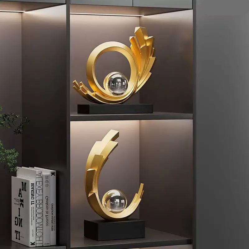 Luxury Golden Wave Metal Art Sculpture with Crystal Ball – Elegant Modern Ornament for Living Room Décor