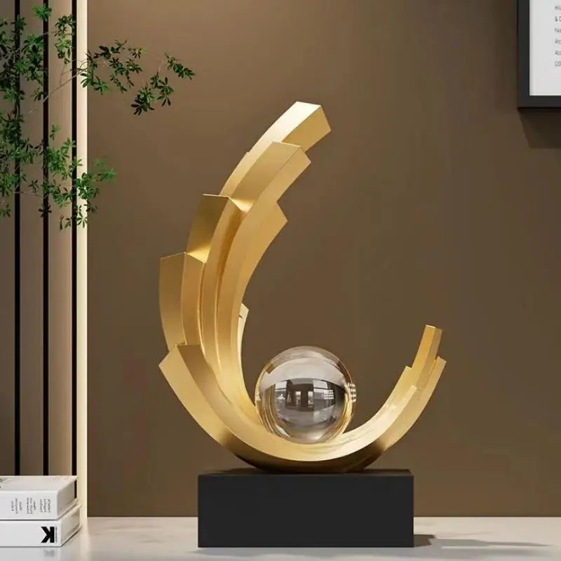 Luxury Golden Wave Metal Art Sculpture with Crystal Ball – Elegant Modern Ornament for Living Room Décor