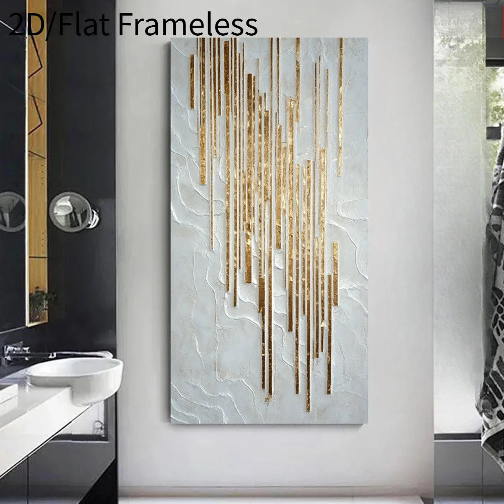 A vertical rectangular wall art piece with a textured off-white background and metallic gold vertical drip-like lines, displayed in a bathroom setting next to a sink and mirror.