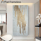 A large vertical wall art piece with a textured light gray and white marbled background and metallic gold vertical drip-like lines, shown hanging in a modern interior hallway. Text at the top reads '2D/Flat Frameless'.