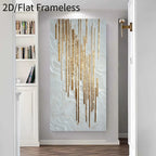 Abstract wall art featuring vertical metallic gold drips over a textured light blue and white background, displayed in a doorway hallway setting.