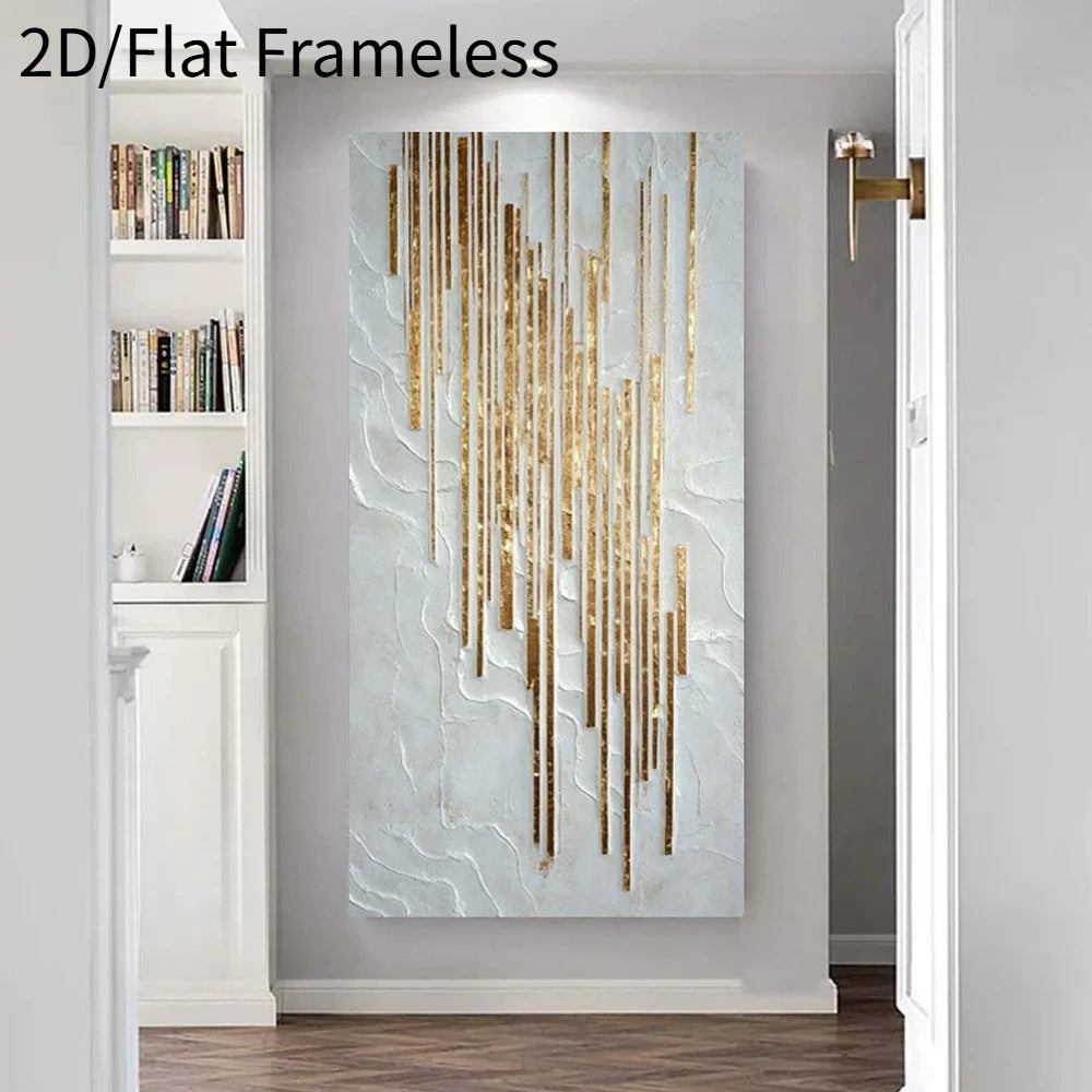 Abstract wall art featuring vertical metallic gold drips over a textured light blue and white background, displayed in a doorway hallway setting.