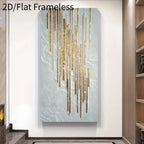 Abstract framedless wall art featuring textured light blue and white marbled patterns with vertical metallic gold drips, displayed on a white wall in a modern interior setting.