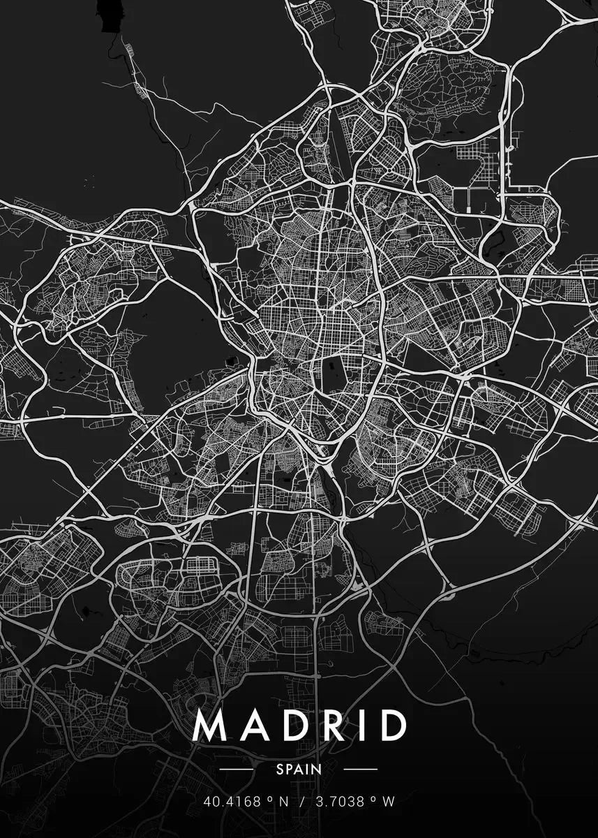 Map of Madrid, Spain on a black background