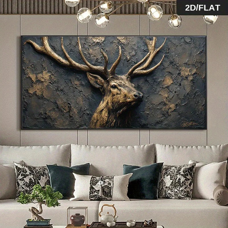 Large rectangular wall art showing a detailed stag head with antlers in dark textured tones, displayed above a sofa in a modern living room setting. A small '2D/FLAT' label appears in the top-right corner.