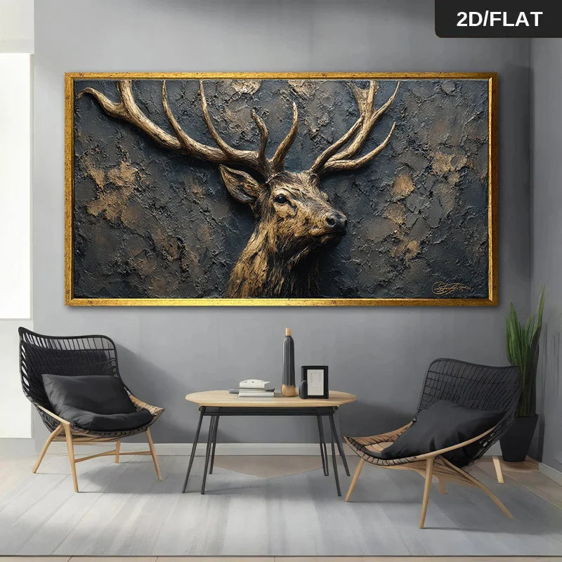 Large framed wall art featuring a textured stag head with antlers in dark charcoal and gold tones, displayed above a small table between two black chairs in a modern room. A '2D/FLAT' label appears in the top-right corner.