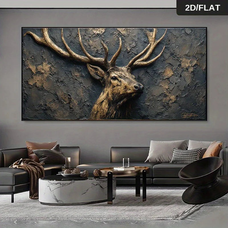 Large rectangular wall art showing a textured stag head with large antlers in earthy brown, bronze, and gray tones, displayed above a modern sofa in a styled living room. 