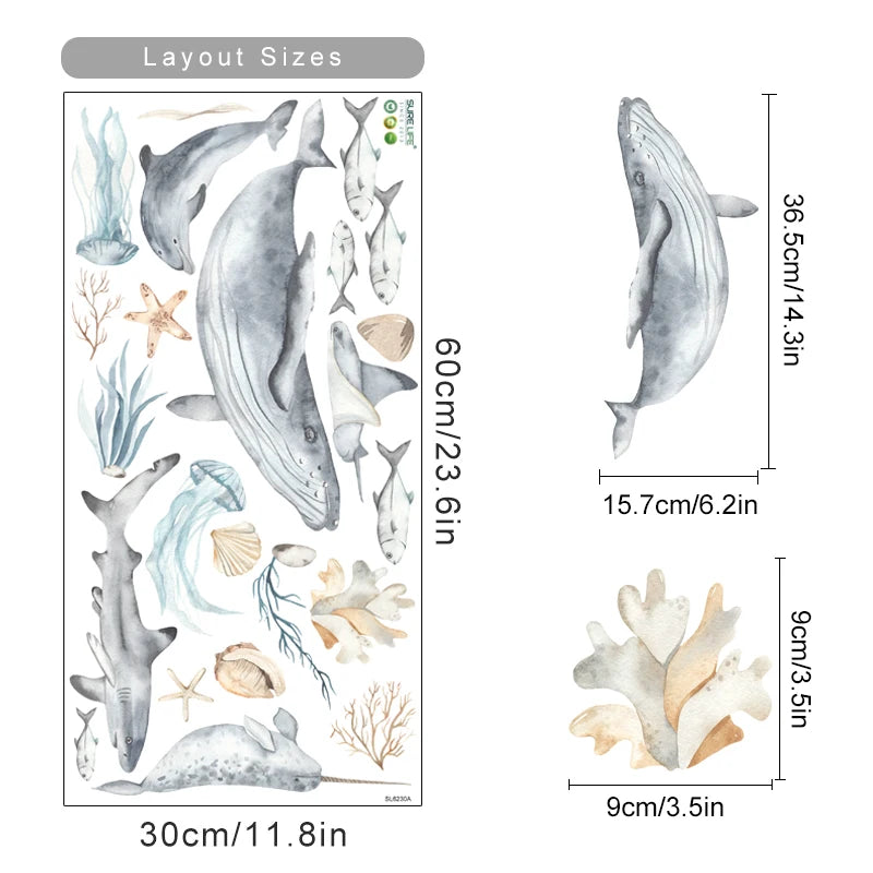 Wall decal with whale and sea creature designs and measurements on a white background