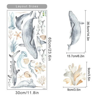 Wall decal with whale and sea creature designs and measurements on a white background
