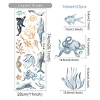 Sheet of ocean-themed stickers with various sea creatures and measurements.