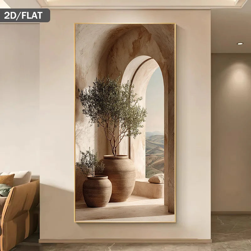 Decorative wall art with potted plants and a window view in a modern interior setting.