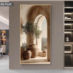 Decorative wall art with potted plants and archway in a modern interior setting.