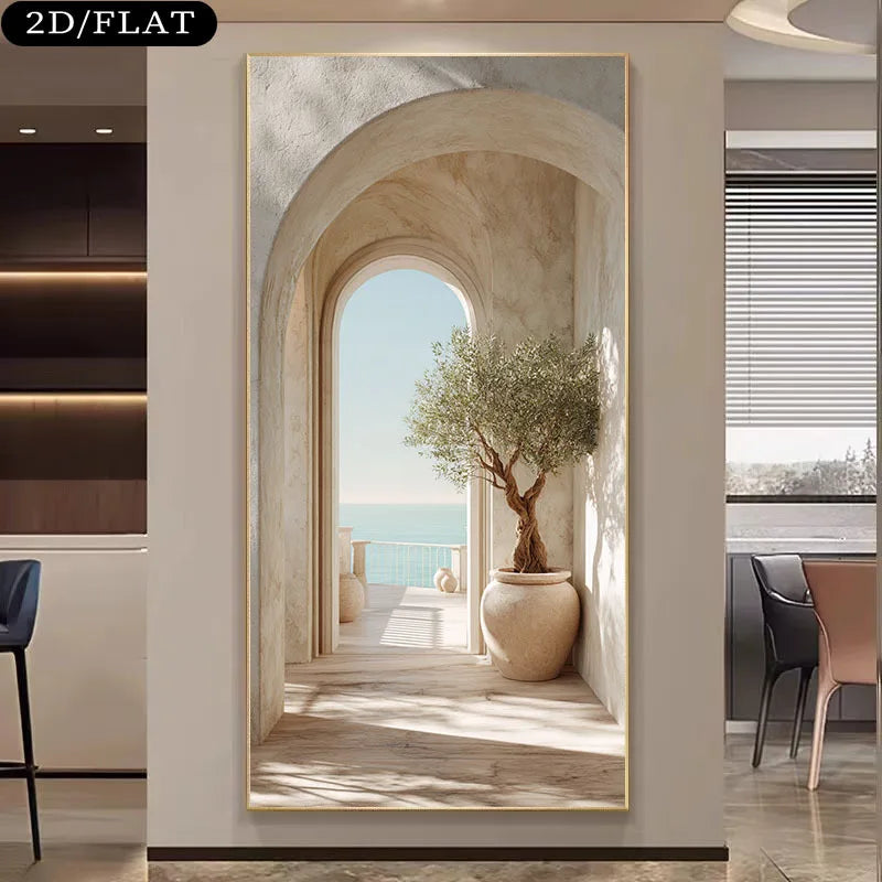 Mediterranean Archway Scenic Wall Art Fine Art Canvas Print – Coastal Stone Corridor & Sea View – Large Unframed Canvas Print for Modern Living Room & Hallway Décor