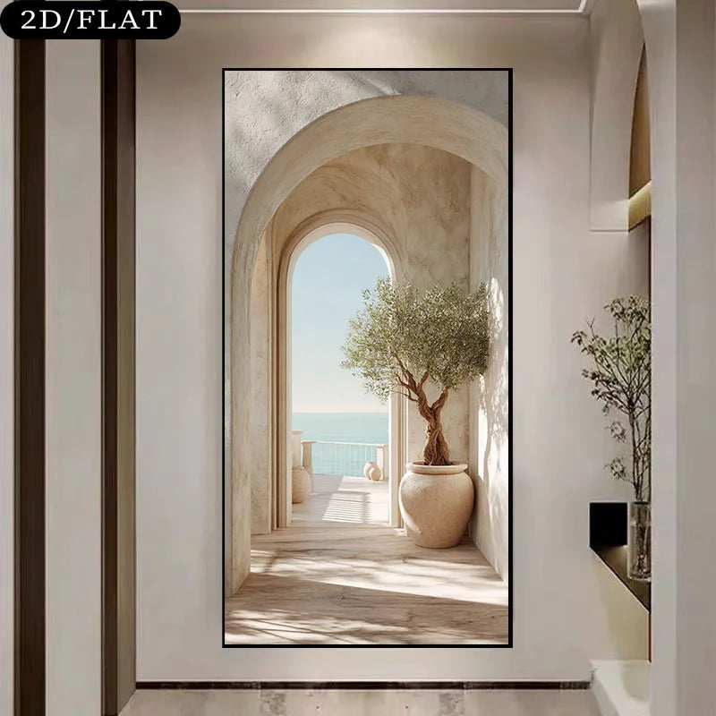 Mediterranean Archway Scenic Wall Art Fine Art Canvas Print – Coastal Stone Corridor & Sea View – Large Unframed Canvas Print for Modern Living Room & Hallway Décor