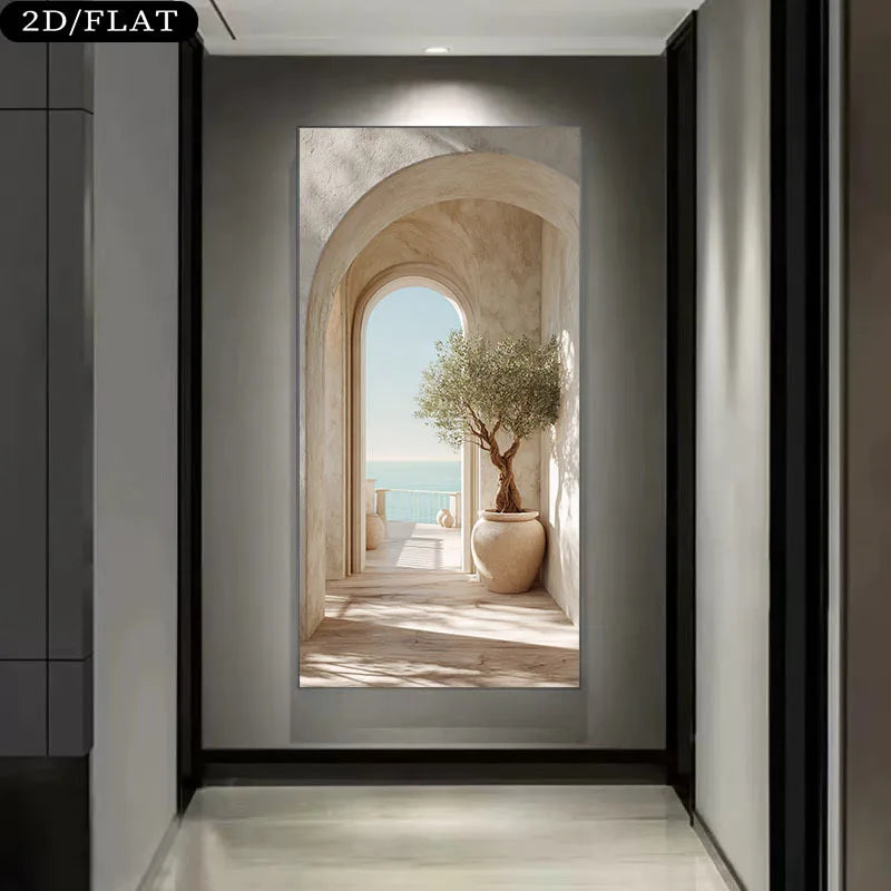 Mediterranean Archway Scenic Wall Art Fine Art Canvas Print – Coastal Stone Corridor & Sea View – Large Unframed Canvas Print for Modern Living Room & Hallway Décor