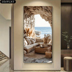 Mediterranean Cave Lounge Ocean View Wall Art Fine Art Canvas Print – Modern Coastal Vertical Landscape Artwork for Living Room Foyer Escapist Home Décor