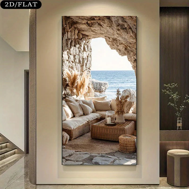 Mediterranean Cave Lounge Ocean View Wall Art Fine Art Canvas Print – Modern Coastal Vertical Landscape Artwork for Living Room Foyer Escapist Home Décor