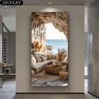 Mediterranean Cave Lounge Ocean View Wall Art Fine Art Canvas Print – Modern Coastal Vertical Landscape Artwork for Living Room Foyer Escapist Home Décor