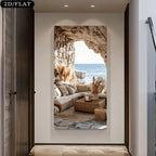 Mediterranean Cave Lounge Ocean View Wall Art Fine Art Canvas Print – Modern Coastal Vertical Landscape Artwork for Living Room Foyer Escapist Home Décor