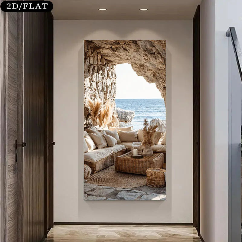 Mediterranean Cave Lounge Ocean View Wall Art Fine Art Canvas Print – Modern Coastal Vertical Landscape Artwork for Living Room Foyer Escapist Home Décor
