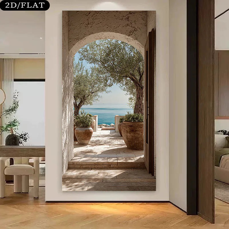 Decorative wall art of an archway leading to a scenic view of trees and water.
