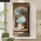 Framed artwork of a scenic view with an archway leading to a beach.