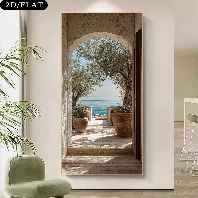 Framed artwork of a scenic view with an archway leading to a beach.