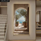 Mediterranean Ocean View Terracotta Olive Tree Archway Wall Art Fine Art Canvas Print Vertical Format Escapist Landscape Artwork For Foyer